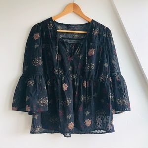 Lucky Brand Womens Babydoll Top Black Sheer Floral Textured Dots Tie Neck Sz M